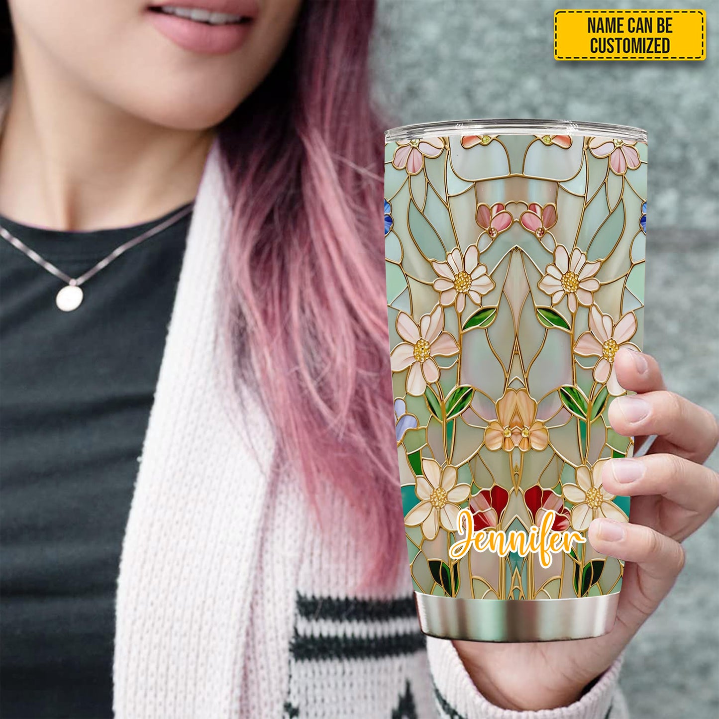 Personalized Flowers Stained Glass Effect Tumbler
