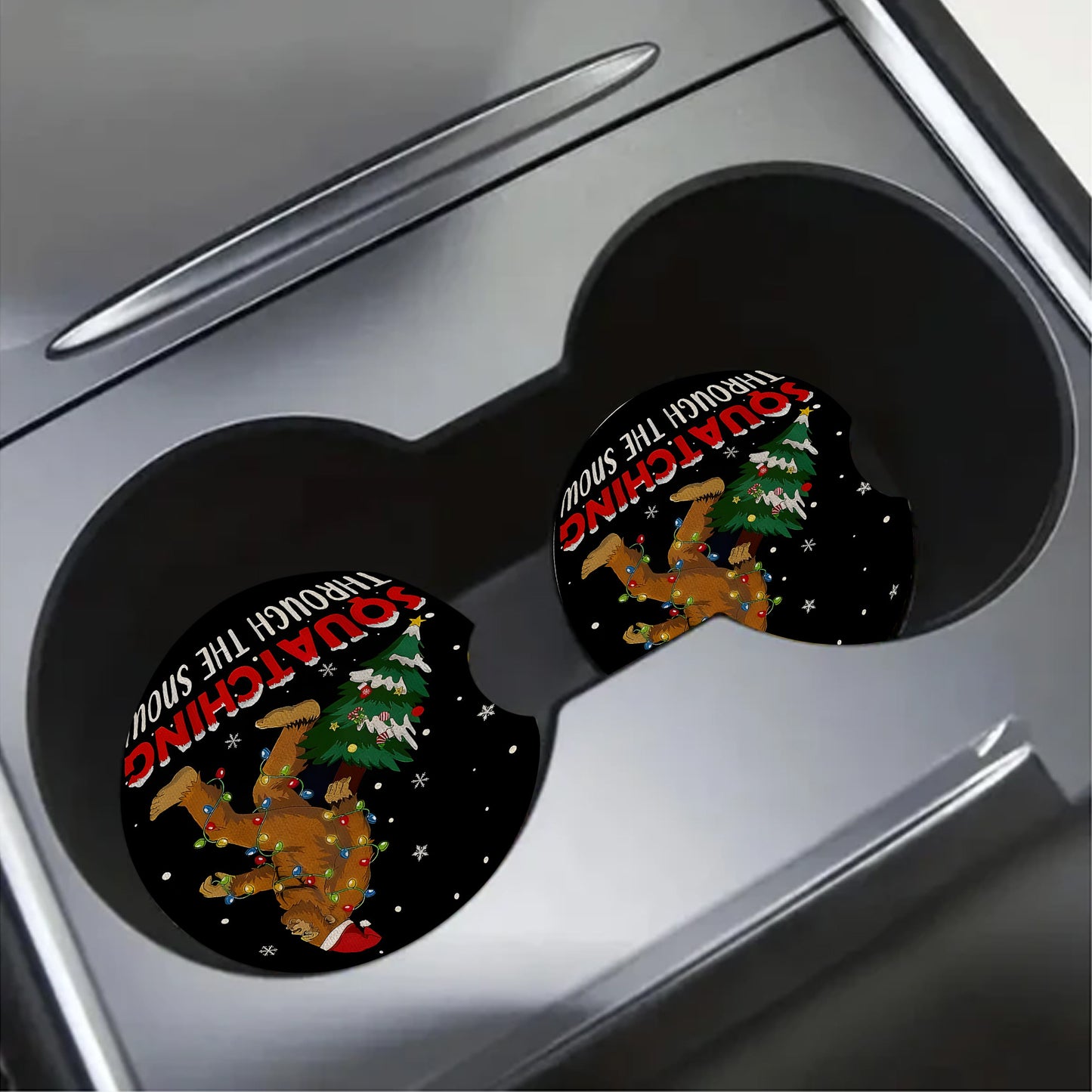 Funny Sasquatch & Christmas Tree Car Coaster