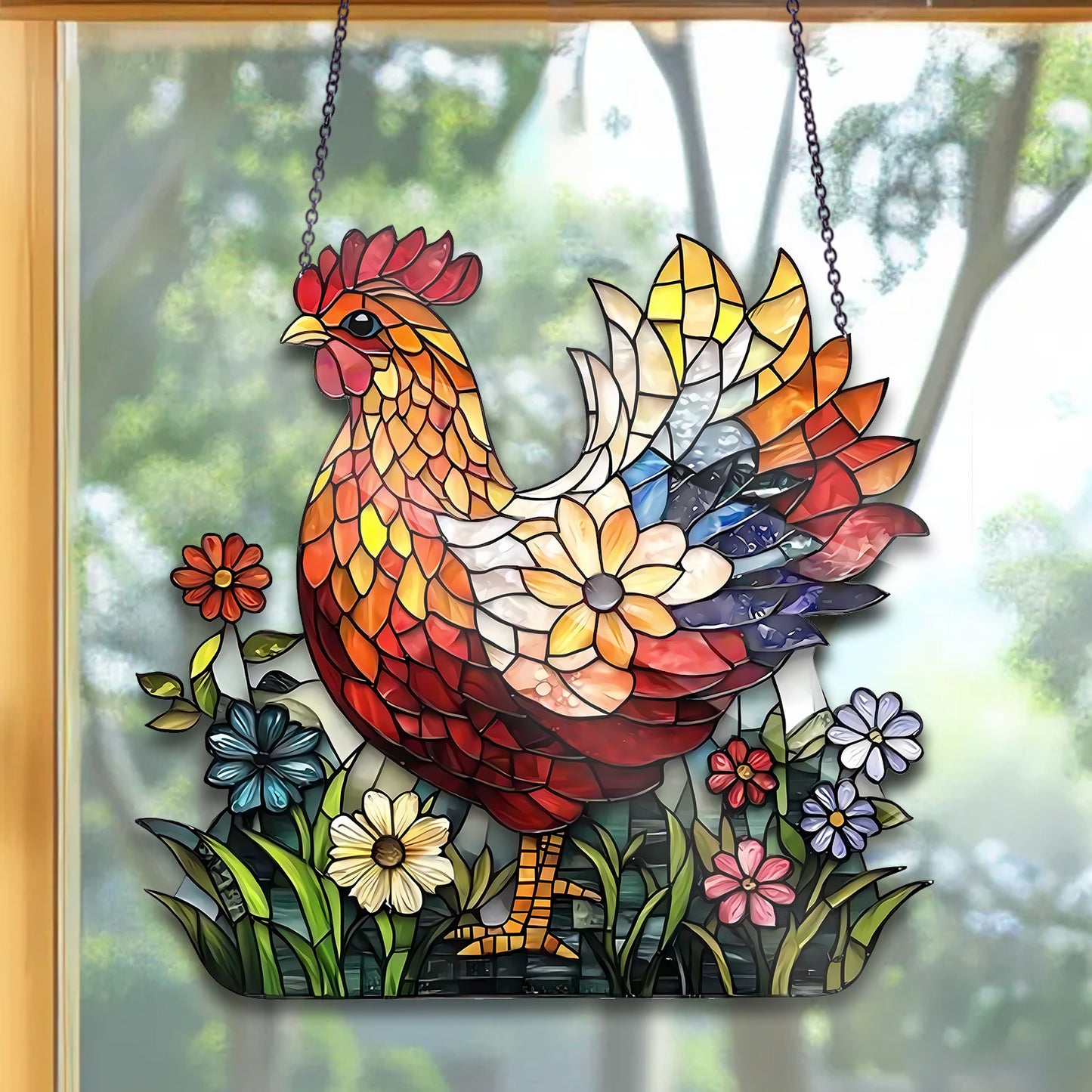 Chicken Flower Suncatcher - Personalized Shape Stained Glass Suncatcher