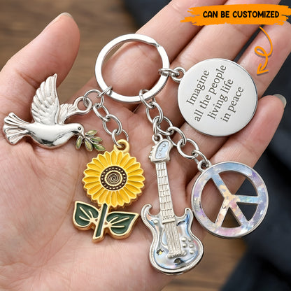 Imagine All The People Living Life In Peace - Hippie Keychain With Charms