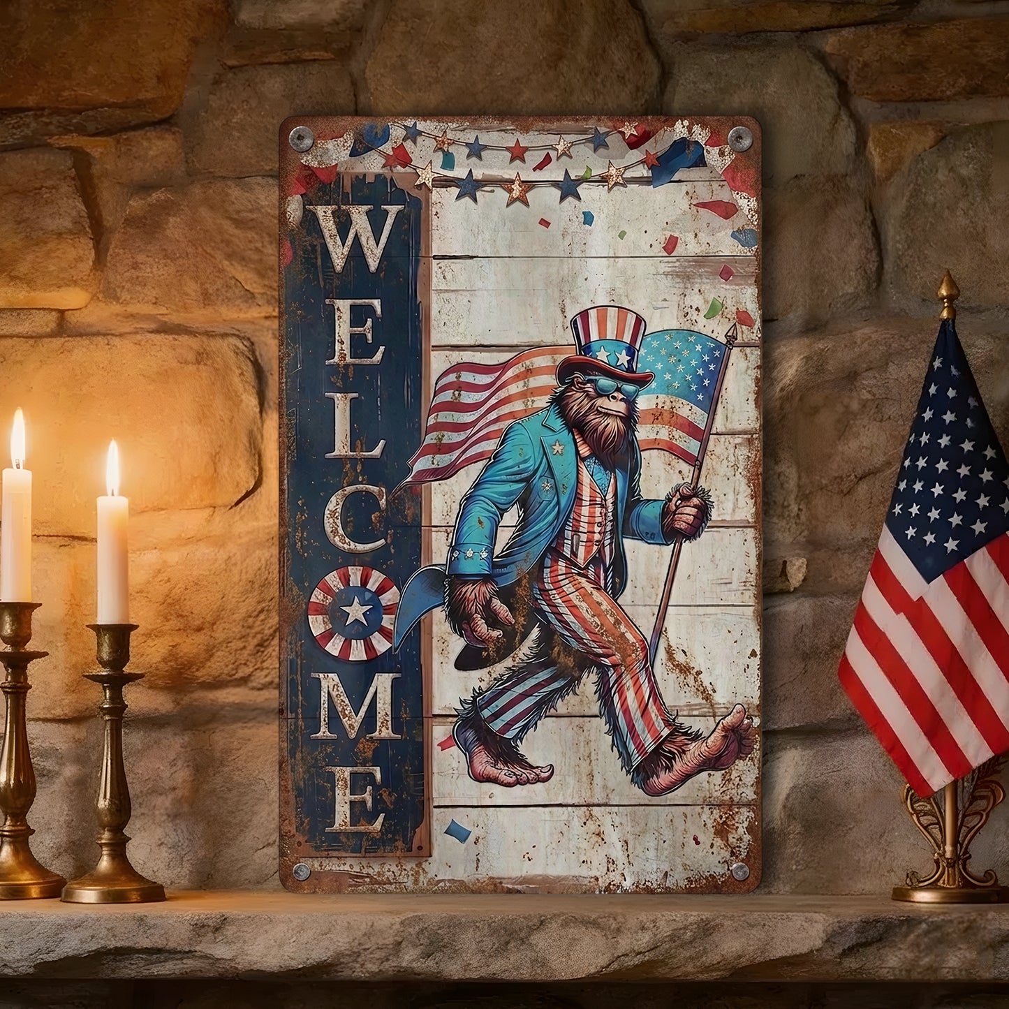 Bigfoot Patriotic USA Celebrating 250 Years of American Metal Sign