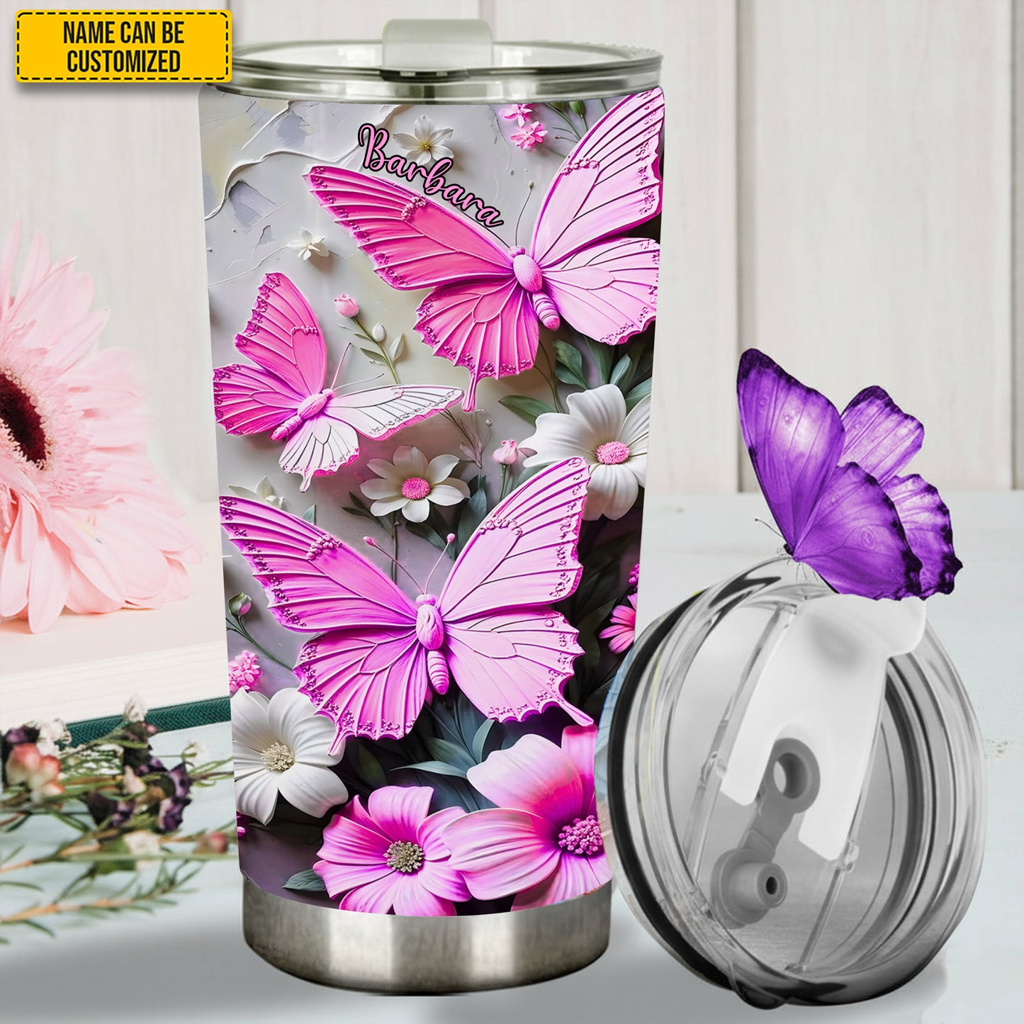 Personalized Butterfly Flowers Tumbler