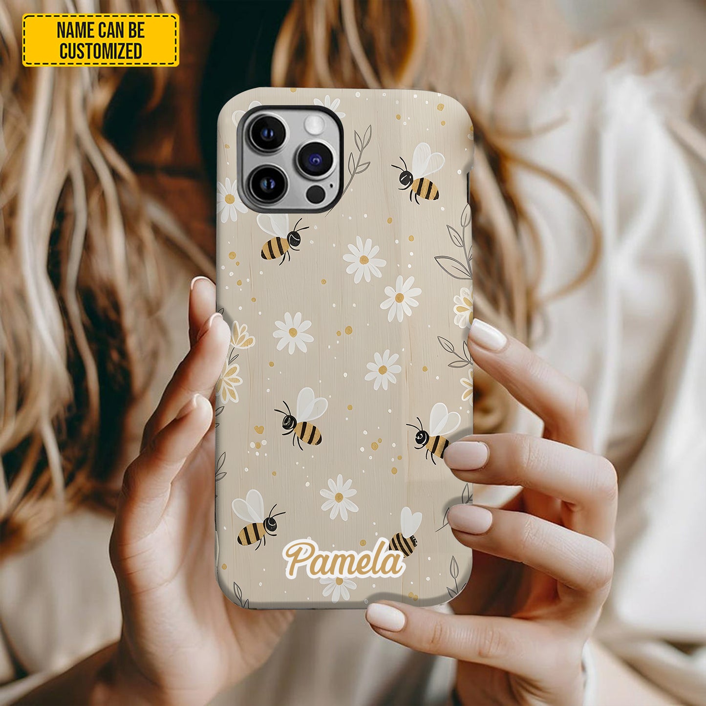 Beige Bee and Daisy Floral - Personalized Phone Case
