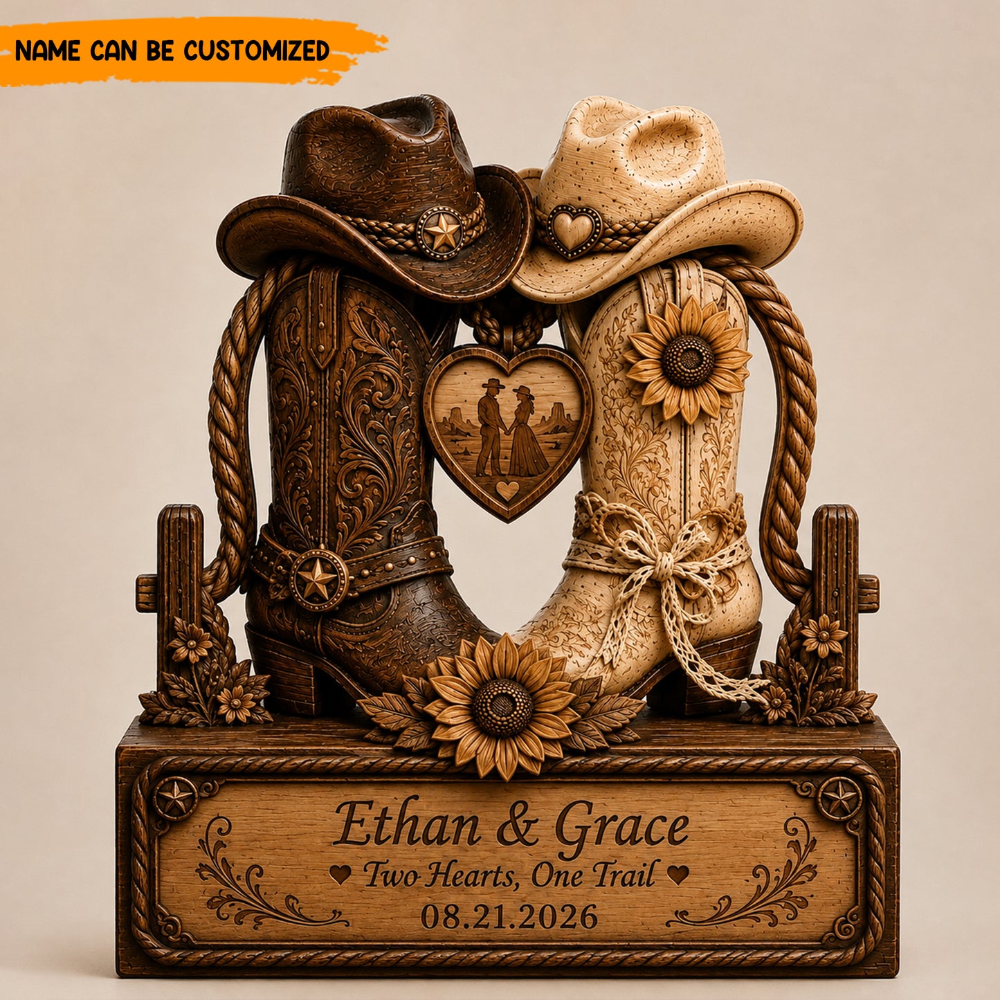 Custom Western Cowboy Boots Wooden Block Plaque – Two Hearts, One Trail