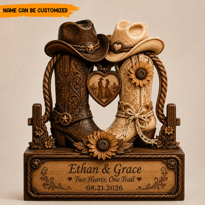 Custom Western Cowboy Boots Wooden Block Plaque – Two Hearts, One Trail