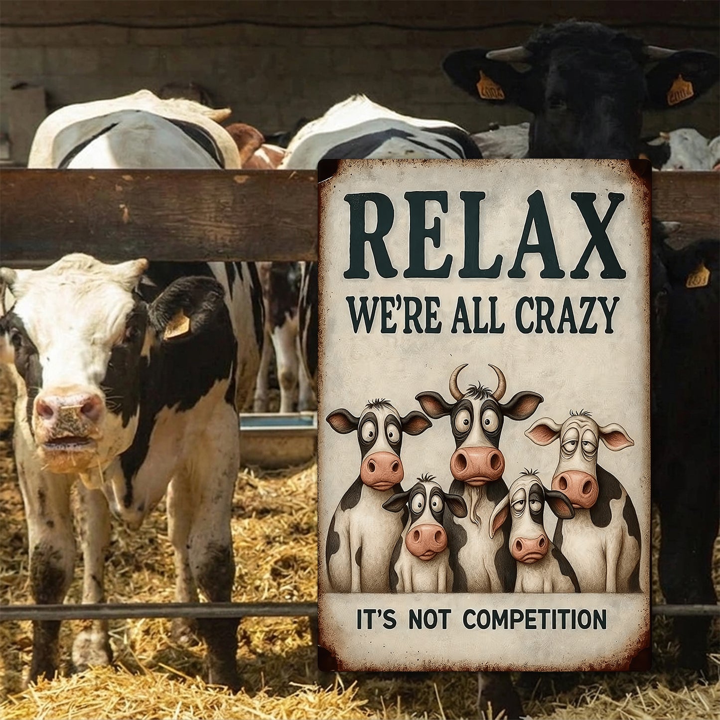We're All Crazy - Cow Metal Sign