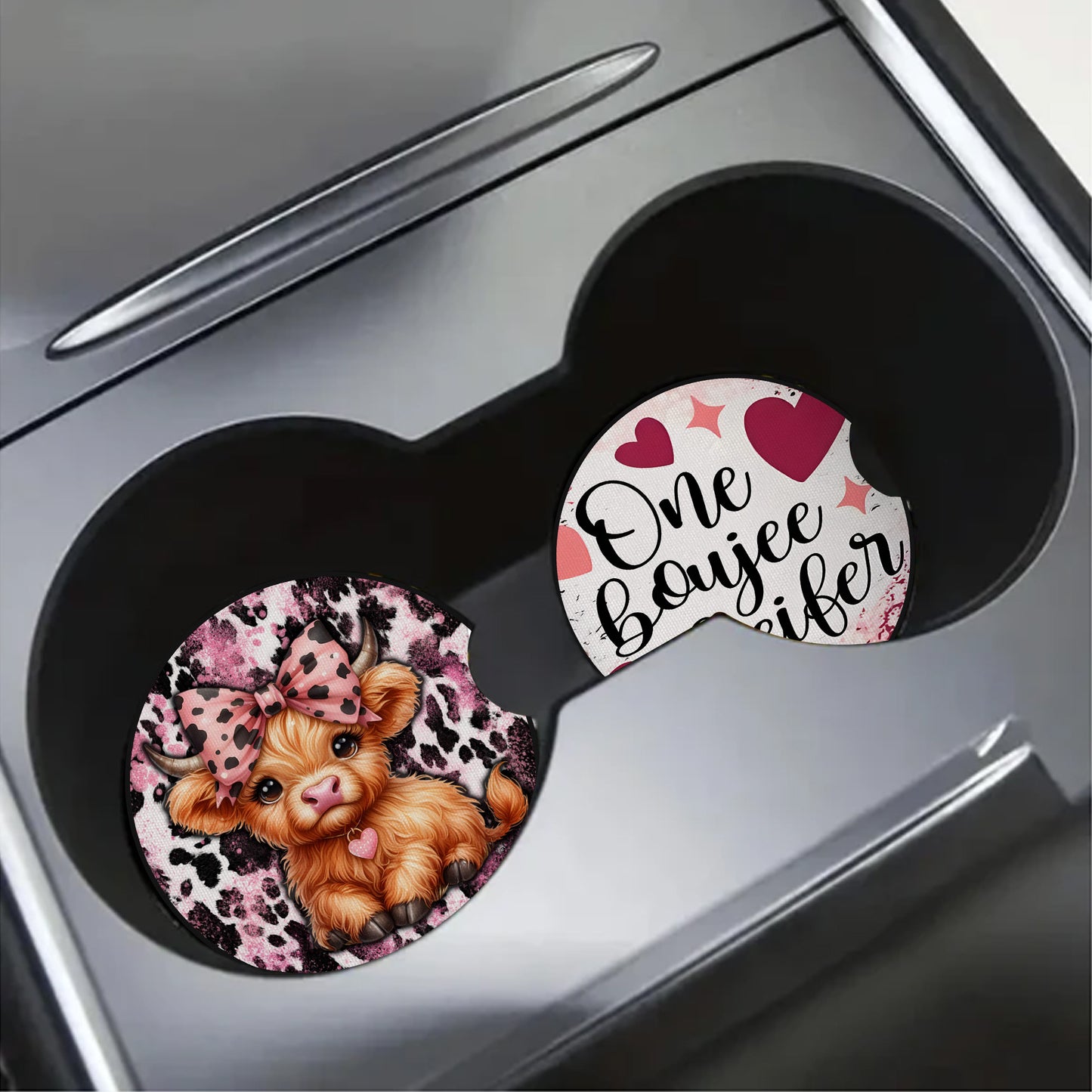 One Boujee Heifer Pink Highland Cow Car Coaster