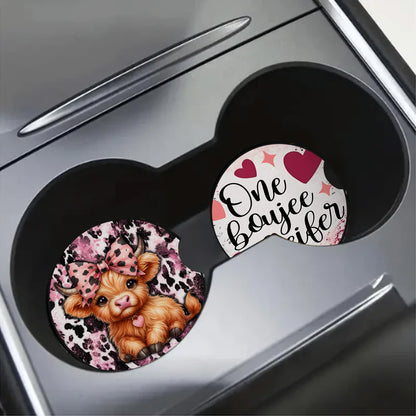 One Boujee Heifer Pink Highland Cow Car Coaster