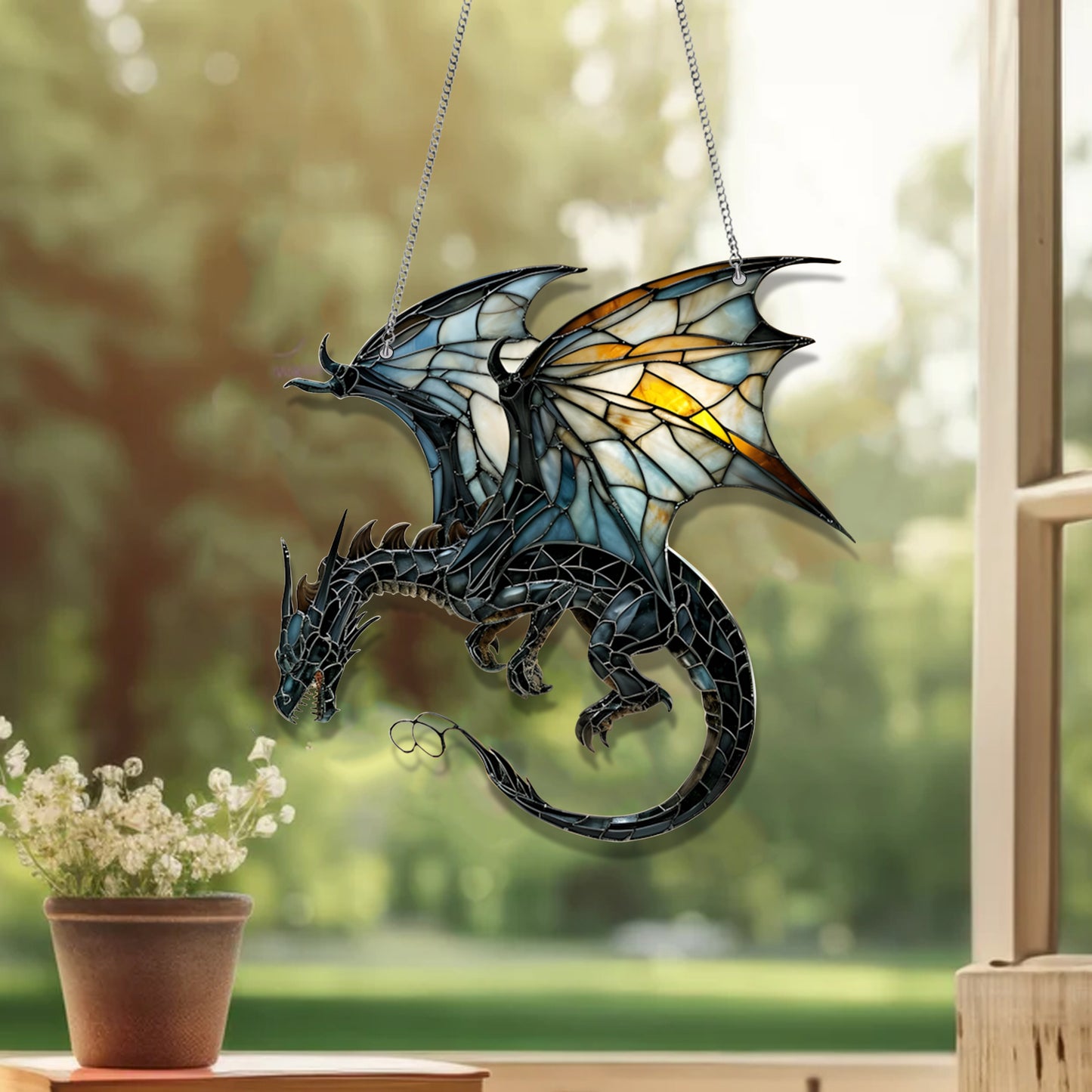 Fantasy Dragon Stained Glass Window Hanging Decor