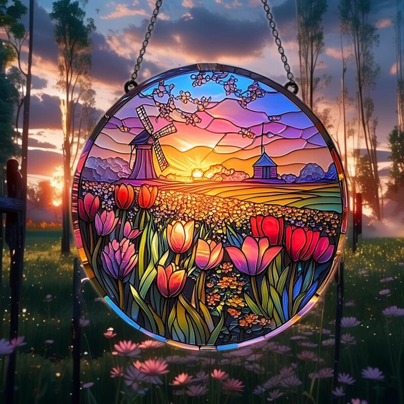 Windmill and Colourful Tulip Field ACRYLIC Window Hanging