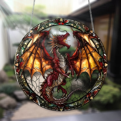 Fantasy Red Dragon Stained Glass Window Hanging