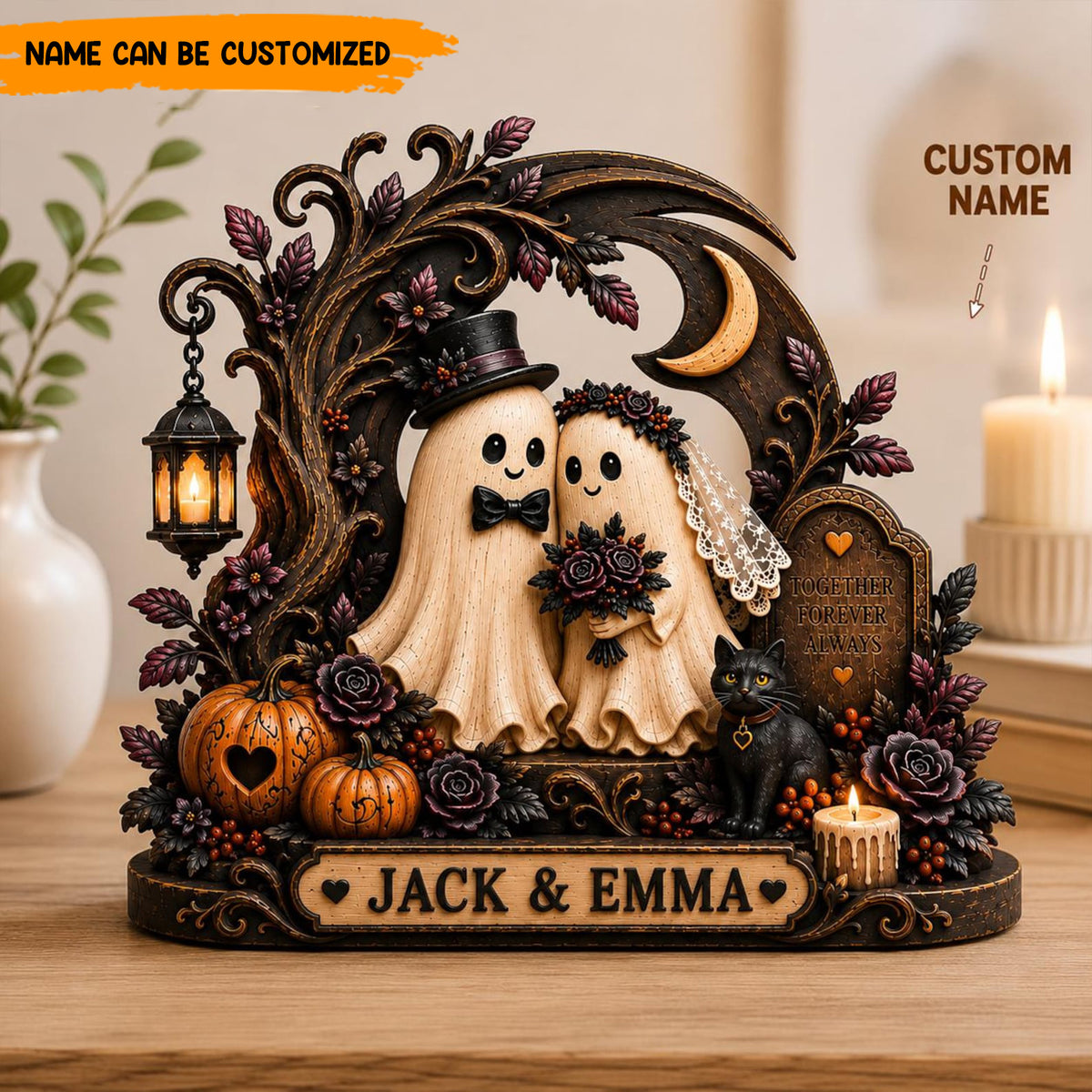Personalized Cute Ghost Couple Wooden Block Sign – Custom Halloween Wedding Decor