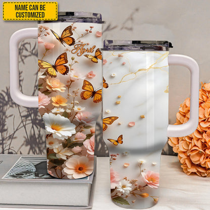 Flowers With Butterfly - Personalized Tumbler With Handle 40oz
