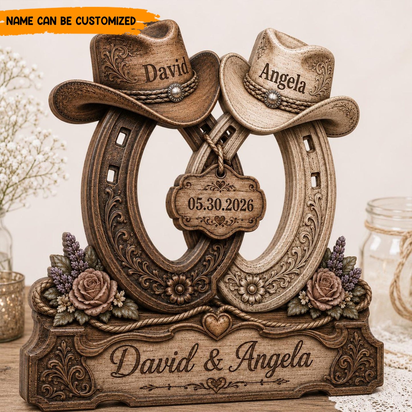 Personalized Western Wedding Horseshoe Wooden Block Sign - Cowboy & Cowgirl Couple Decor
