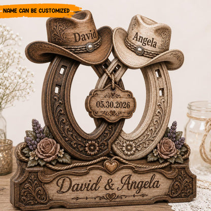 Personalized Western Wedding Horseshoe Wooden Block Sign - Cowboy & Cowgirl Couple Decor