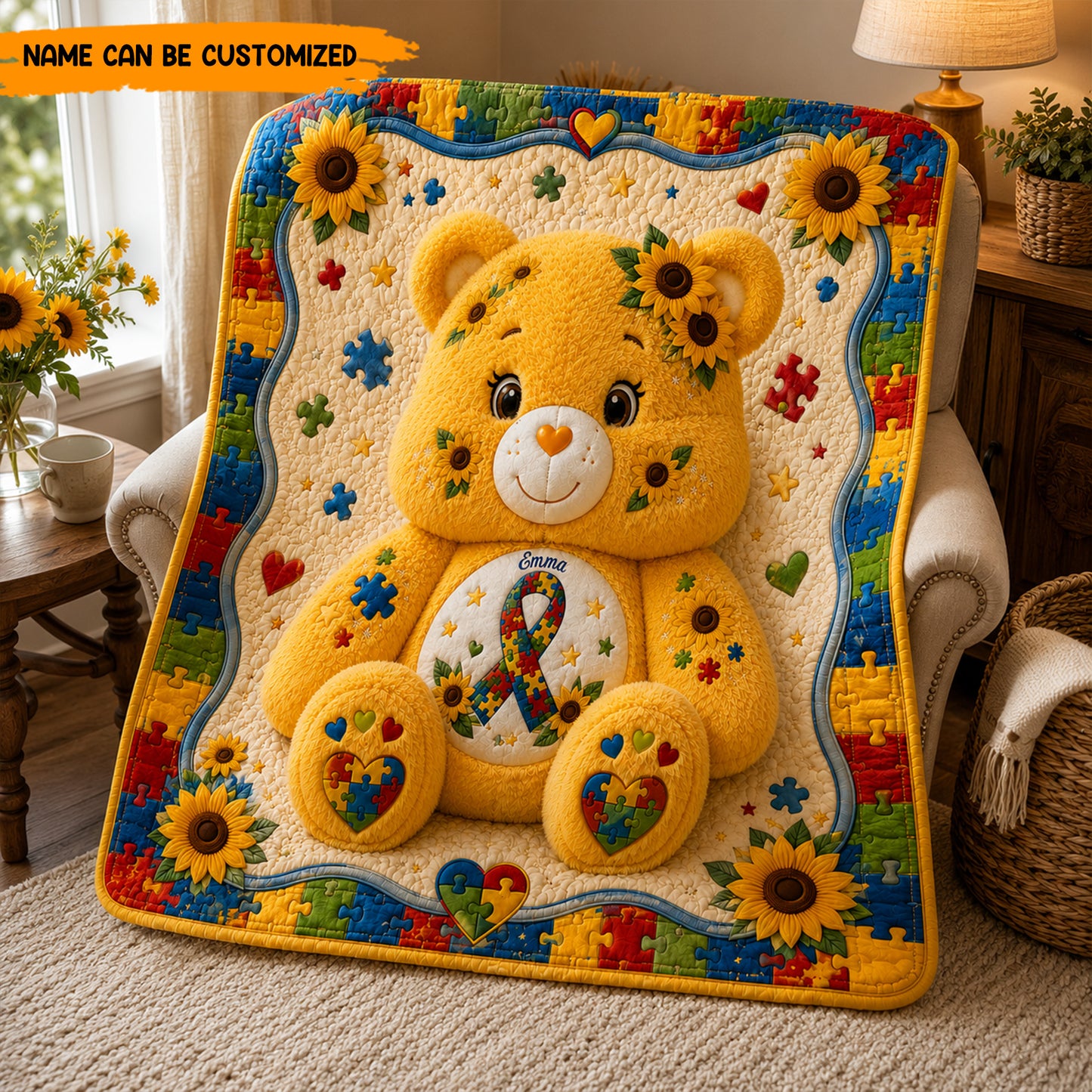 Personalized Autism Sunflower Bear Blanket