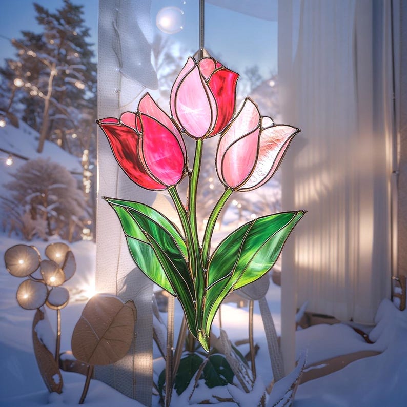 Pink Tulip Bouquet Suncatcher - Faux Stained Glass Window Hanging