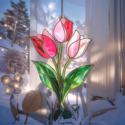 Pink Tulip Bouquet Suncatcher - Faux Stained Glass Window Hanging