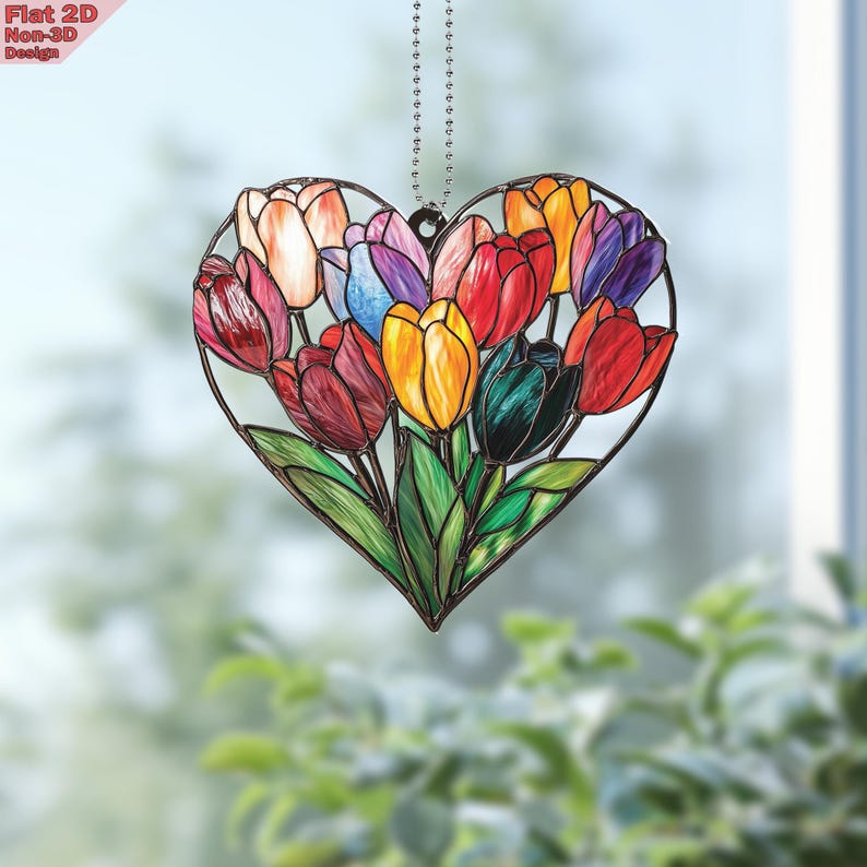 Colorful Tulips Heart Window Hanging Acrylic