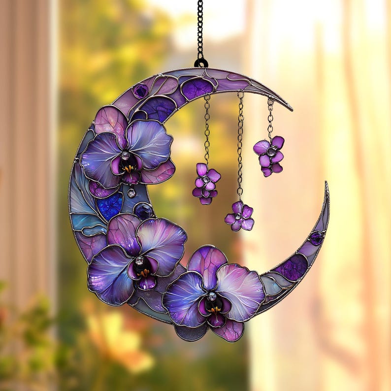 Orchid Flowers Crescent Moon Acrylic Window Hanging