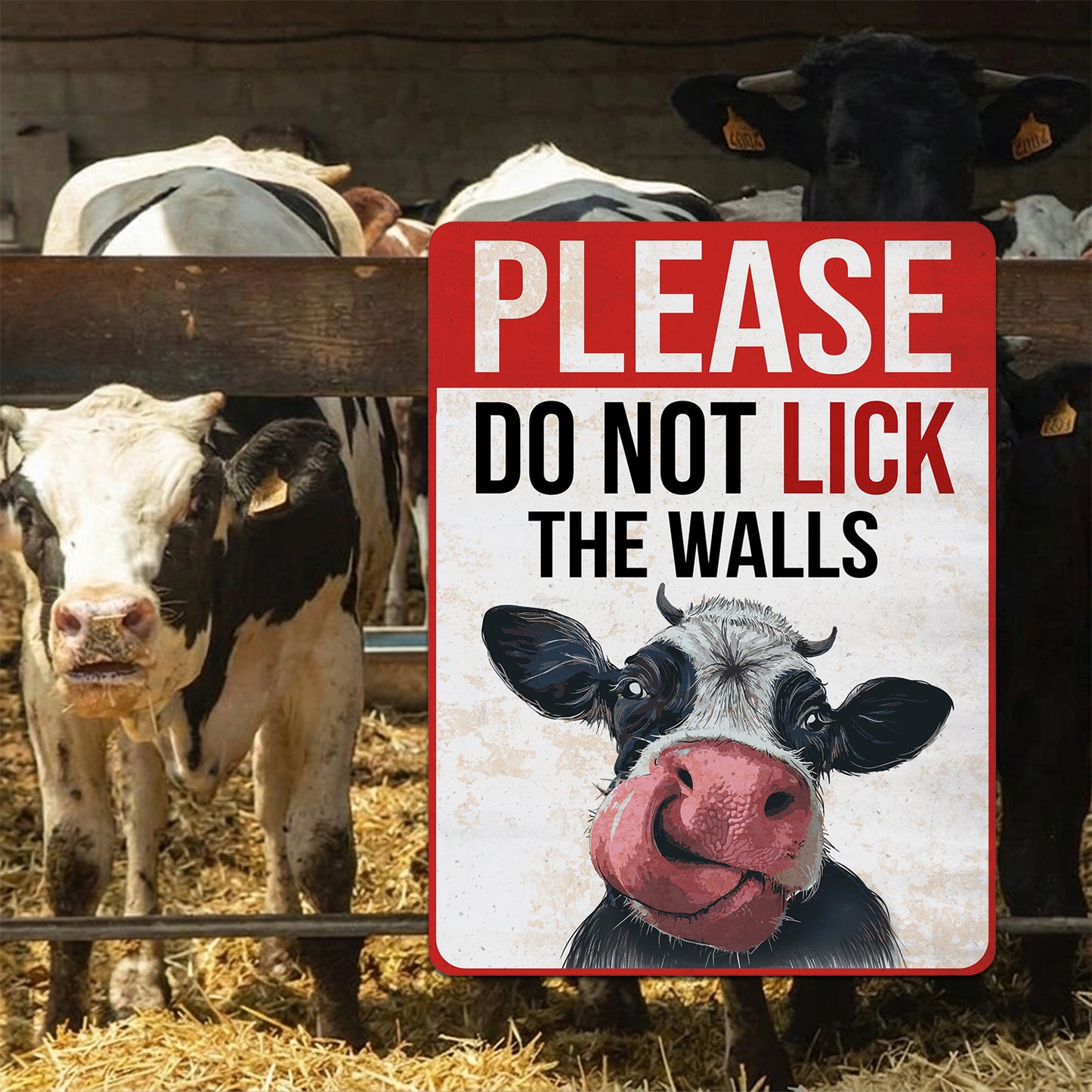 Please Do Not Lick The Walls Cow Metal Sign