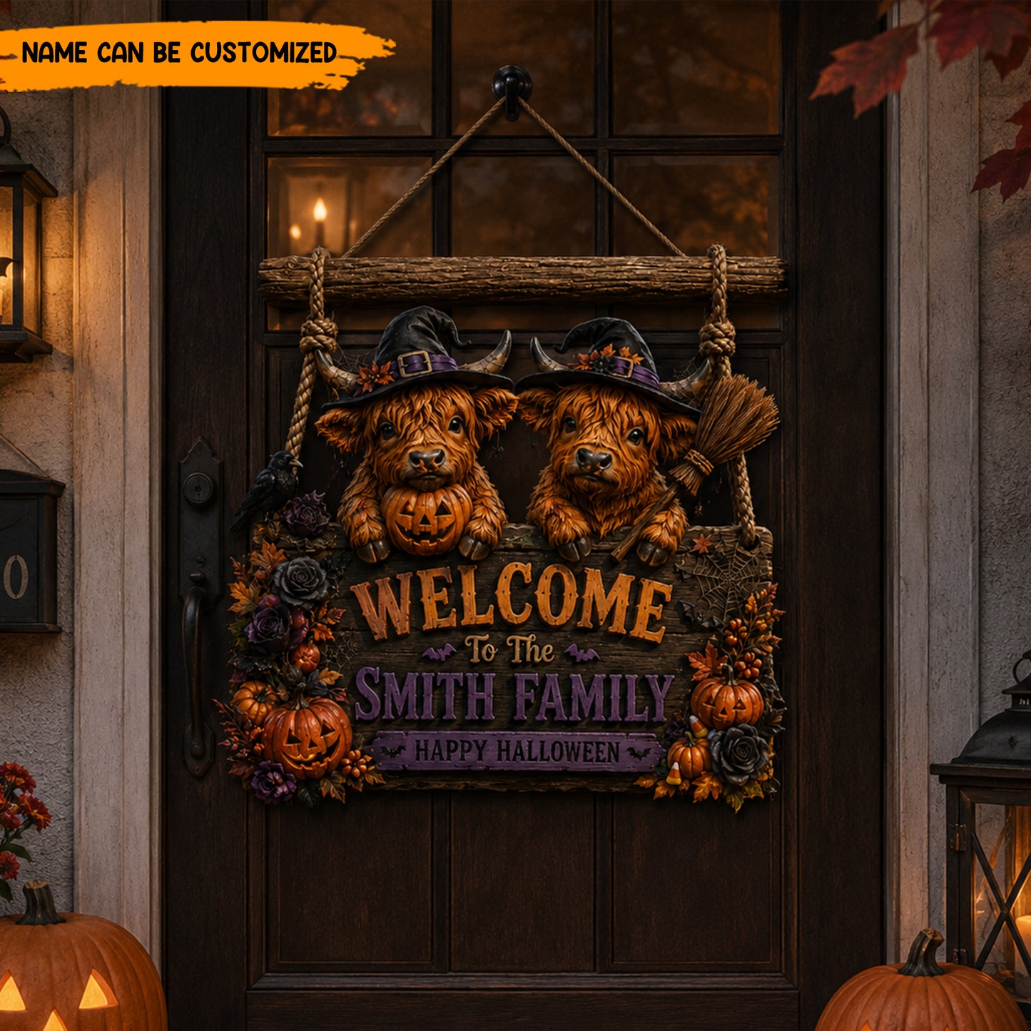 Personalized Highland Cow Halloween Wooden Sign