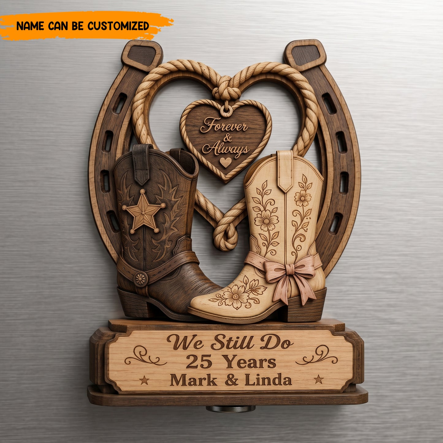 Personalized Western Cowboy Boots & Horseshoe Wooden Block - Forever & Always Anniversary Gift