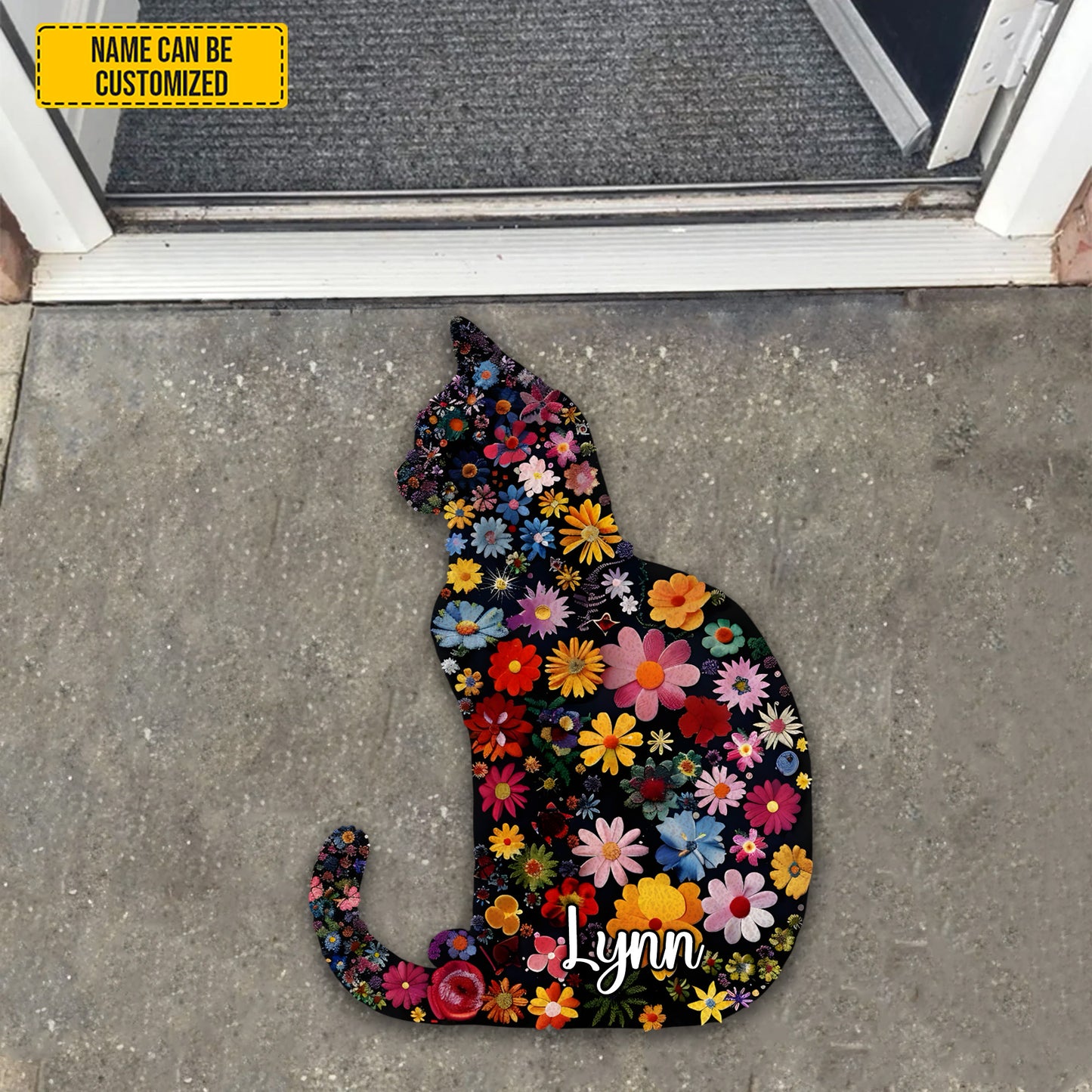 Cat Floral - Personalized Cat Shaped Doormat