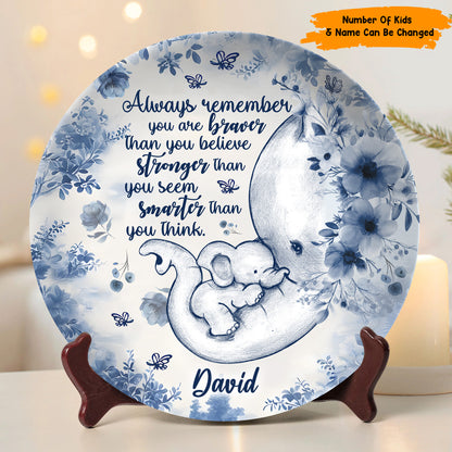 All Way Remember You Are Braver - Personalized Mother Elephant Ceramic Round Plate