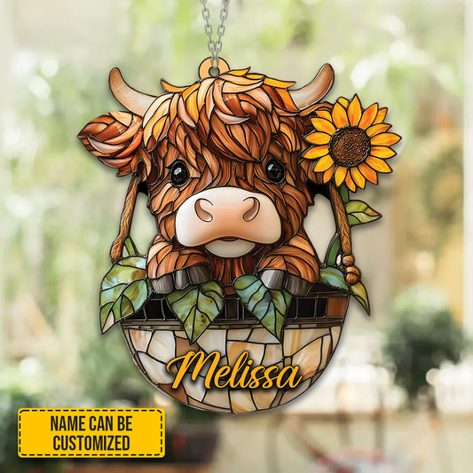Personalized Charming Highland Cow & Sunflower Acrylic Window