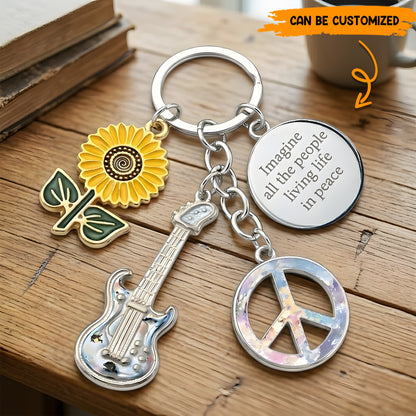 Imagine All The People Living Life In Peace - Hippie Keychain With Charms
