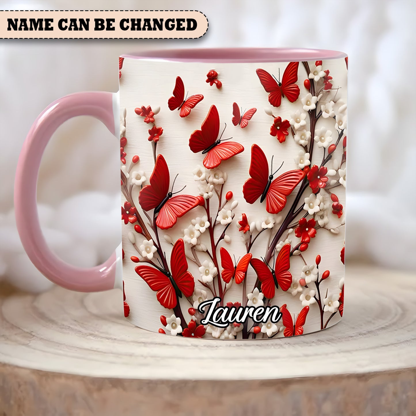 Red White Butterfly Flowers Accent Mug - Personalized  Accent Mug