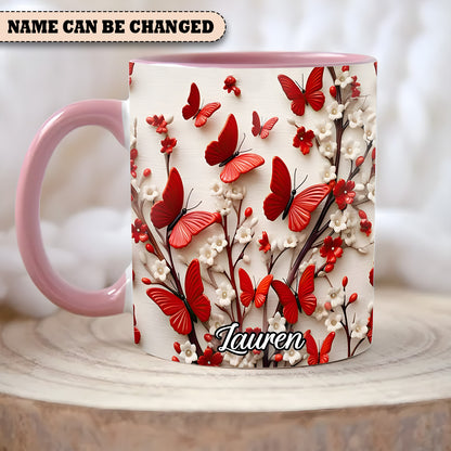 Red White Butterfly Flowers Accent Mug - Personalized  Accent Mug