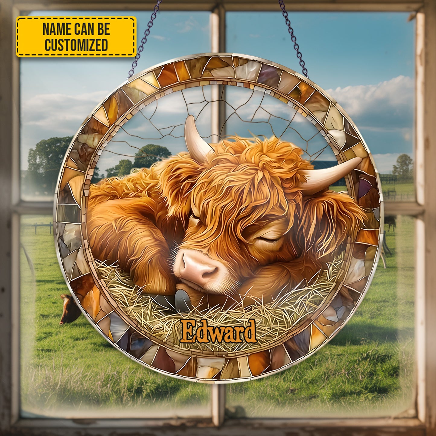 Personalized Sleeping Highland Cow Stained Glass Suncatcher