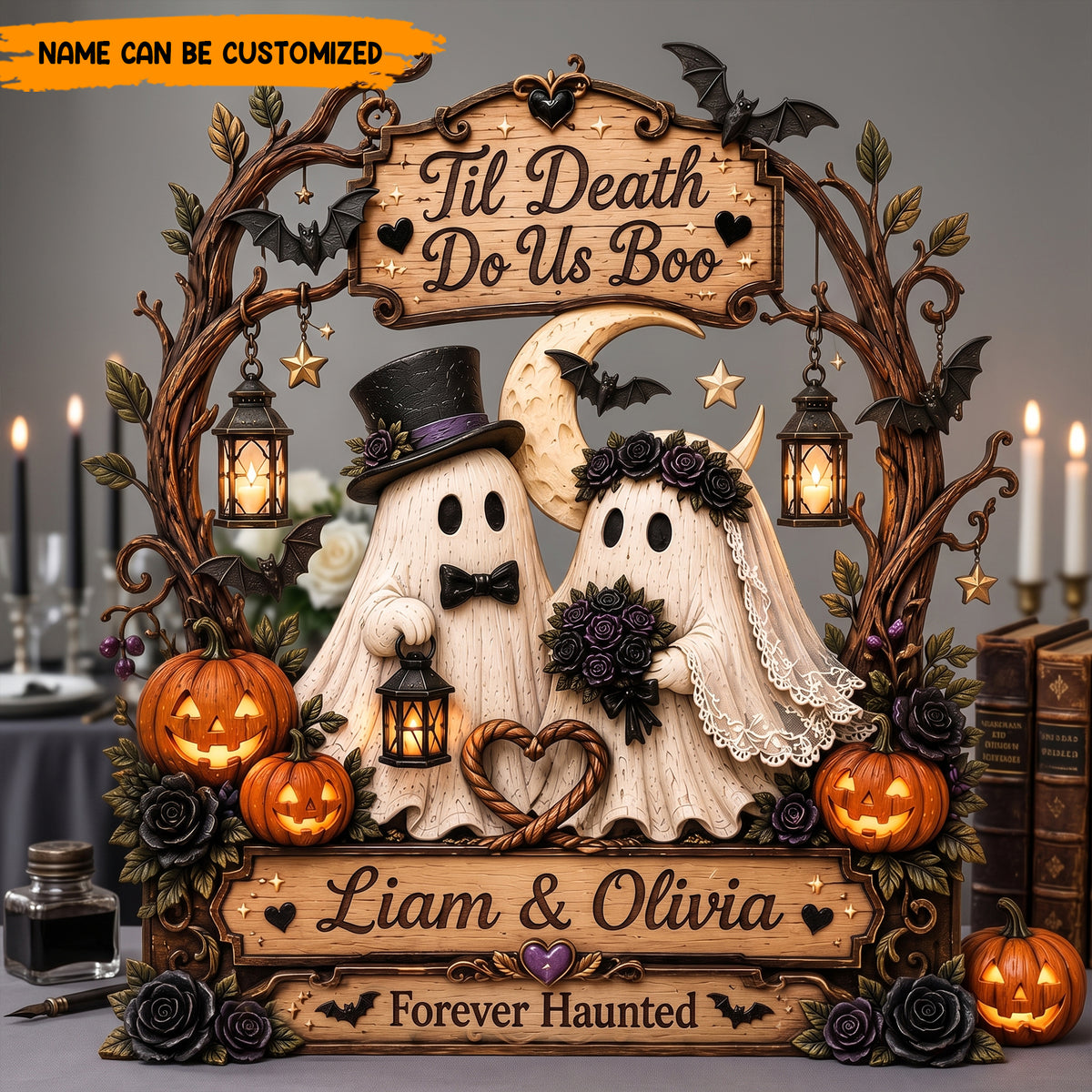 Til Death Do Us Boo Personalized Wooden Block Sign, Cute Ghost Couple Halloween Wedding Plaque