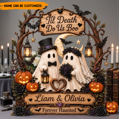 Til Death Do Us Boo Personalized Wooden Block Sign, Cute Ghost Couple Halloween Wedding Plaque