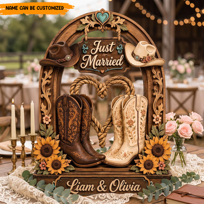 Personalized "Just Married" Country Wedding Wooden Sign - Cowboy Boot Wooden Block