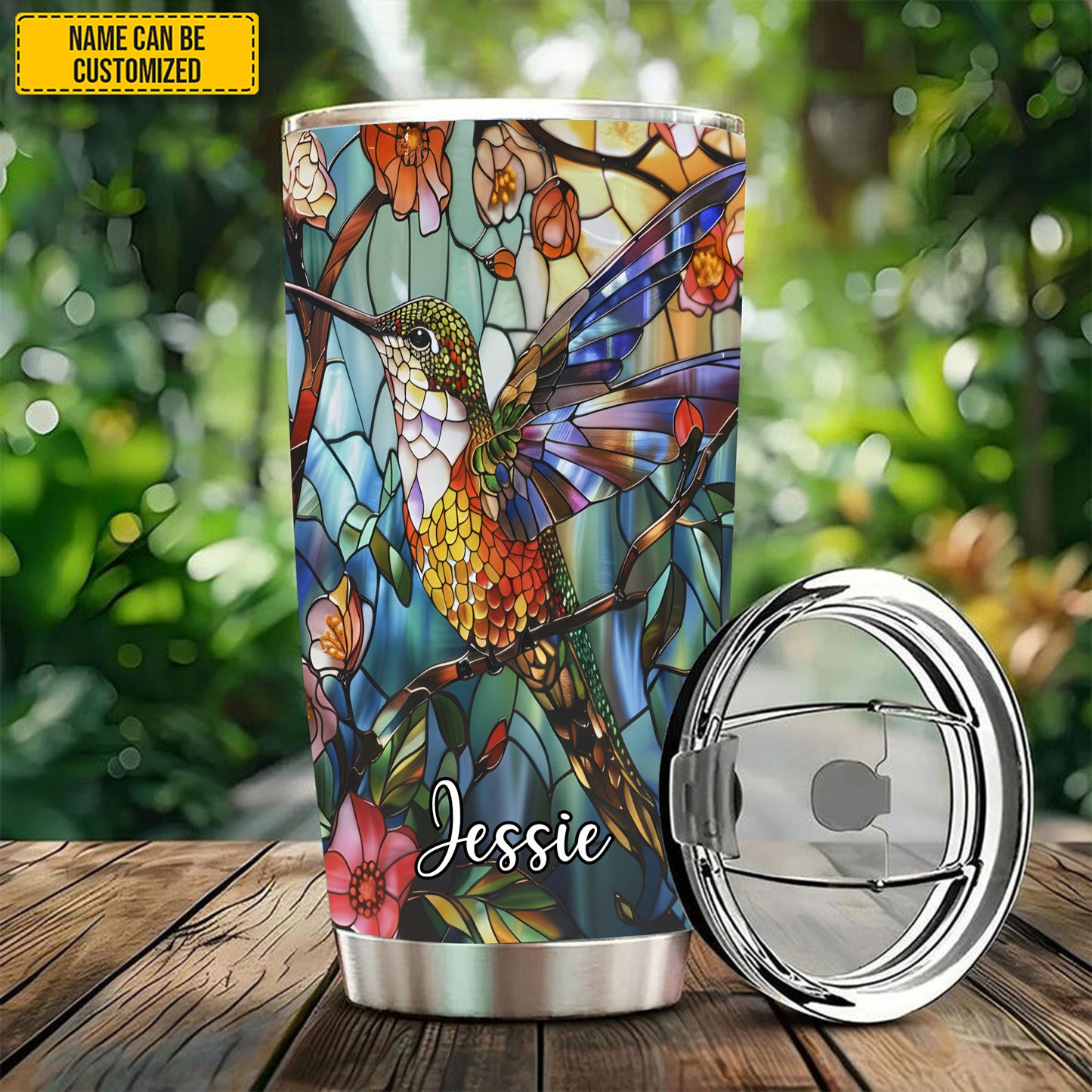 Personalized Stained Glass Hummingbird Flower Tumbler