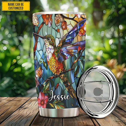Personalized Stained Glass Hummingbird Flower Tumbler