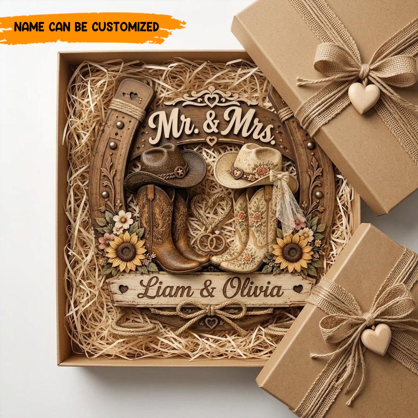 Personalized Cowboy & Cowgirl Wedding Wooden Sign, Custom Horseshoe Name Sign, Rustic Western Couples Gift