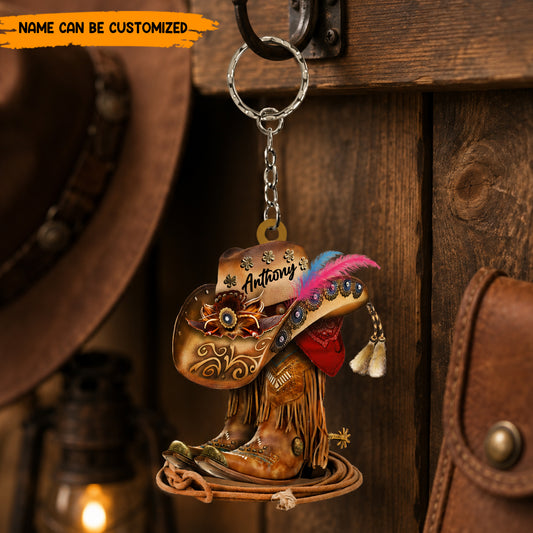 Personalized Cowgirl Boots And Hat Acrylic Keychain
