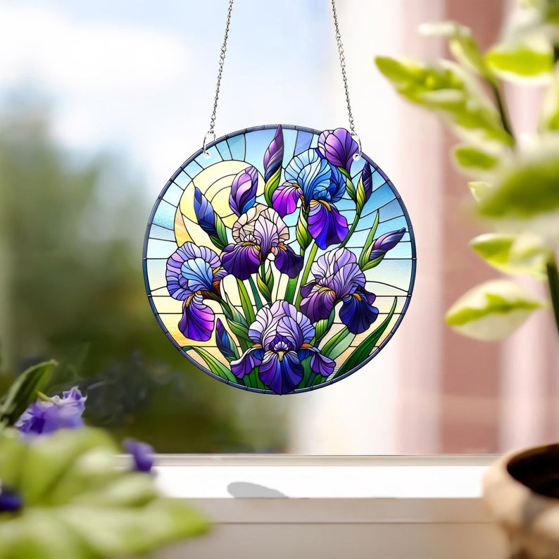 Iris Flower FAUX Stained Glass Window Hanging