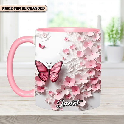 Pink Butterfly With Flowers - Personalized Butterfly Accent Mug