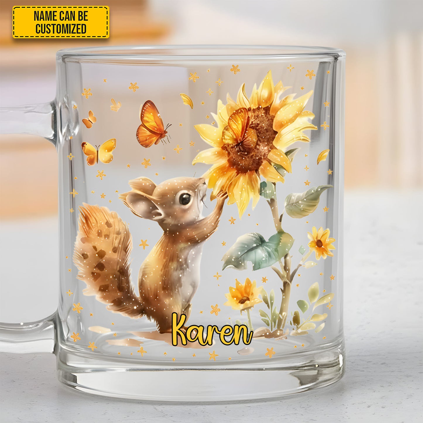 Personalized Sunflower Squirrel Glass Mug