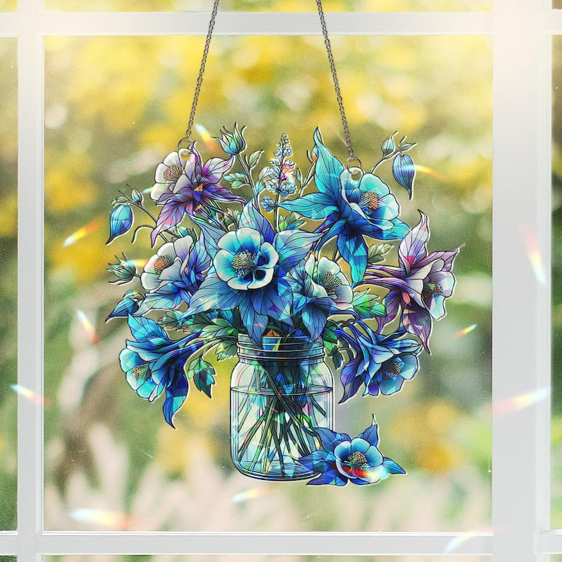Blue Columbine Flowers Acrylic Holographic Window Hanging