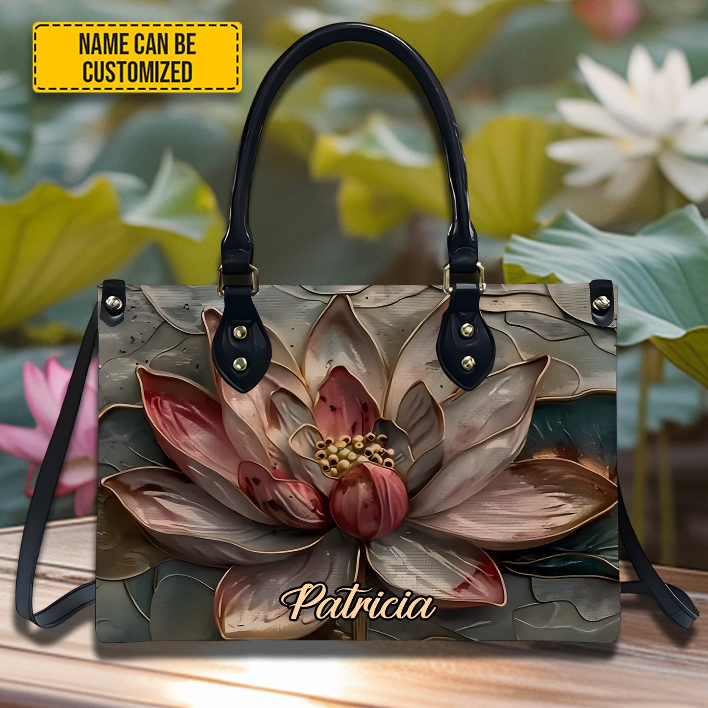 Personalized Lotus Flower Leather Handbag