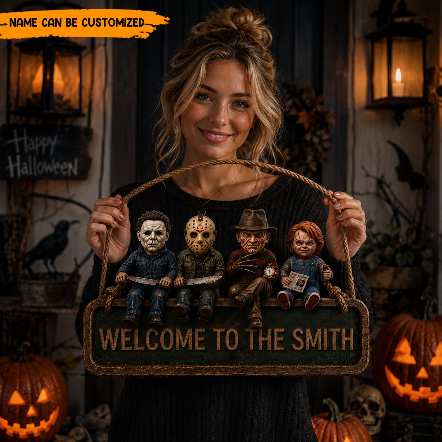 Personalized Horror Icons Welcome Wooden Sign