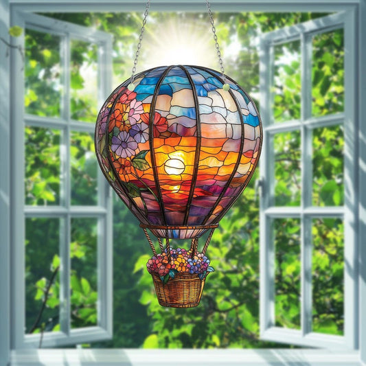 Sunset Hot Air Balloon Flowers Window Hanging