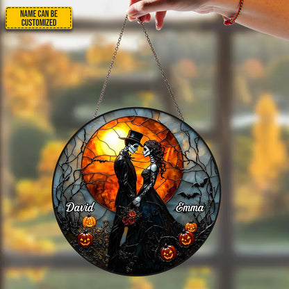 Personalized Gothic Skull Couple Stained Glass Suncatcher