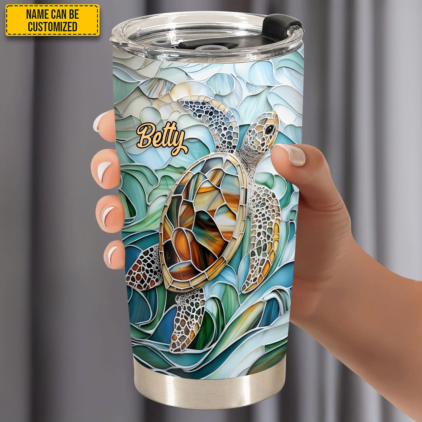 Turtle & Ocean Stained Glass - Personalized Turtle Tumbler